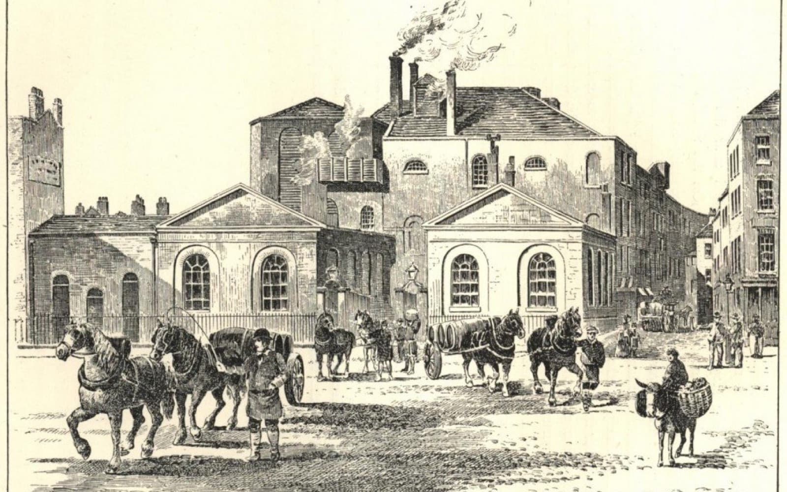 Engraving of the Horse Shoe Brewery with horses pulling carts of barrels in the street outside