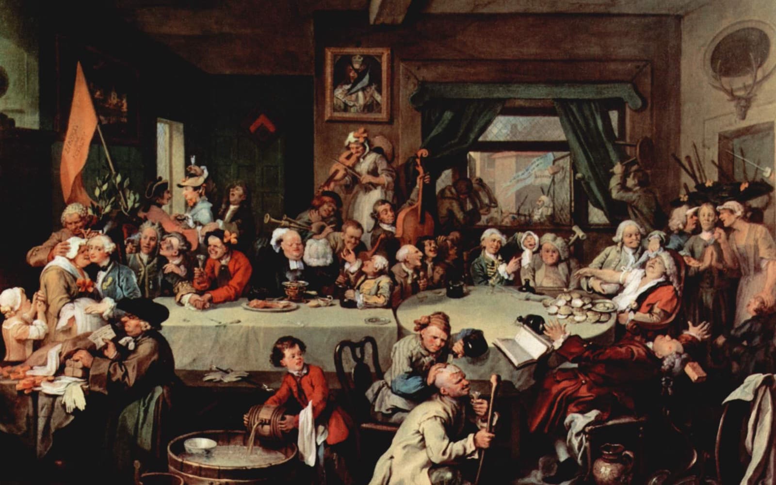 Painting of a crowded, chaotic election dinner in an 18th-century tavern