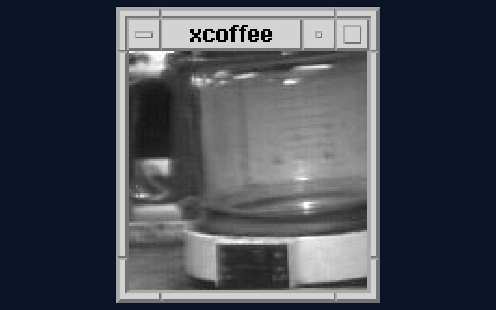 A small grainy black and white image of a glass coffee pot on a hotplate inside an old computer window titled xcoffee