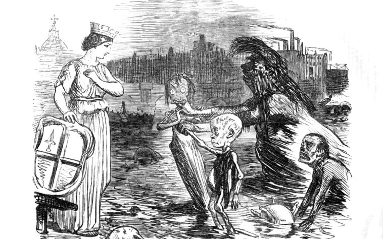 Punch cartoon of a filthy Father Thames presenting three sickly children to a horrified woman representing London
