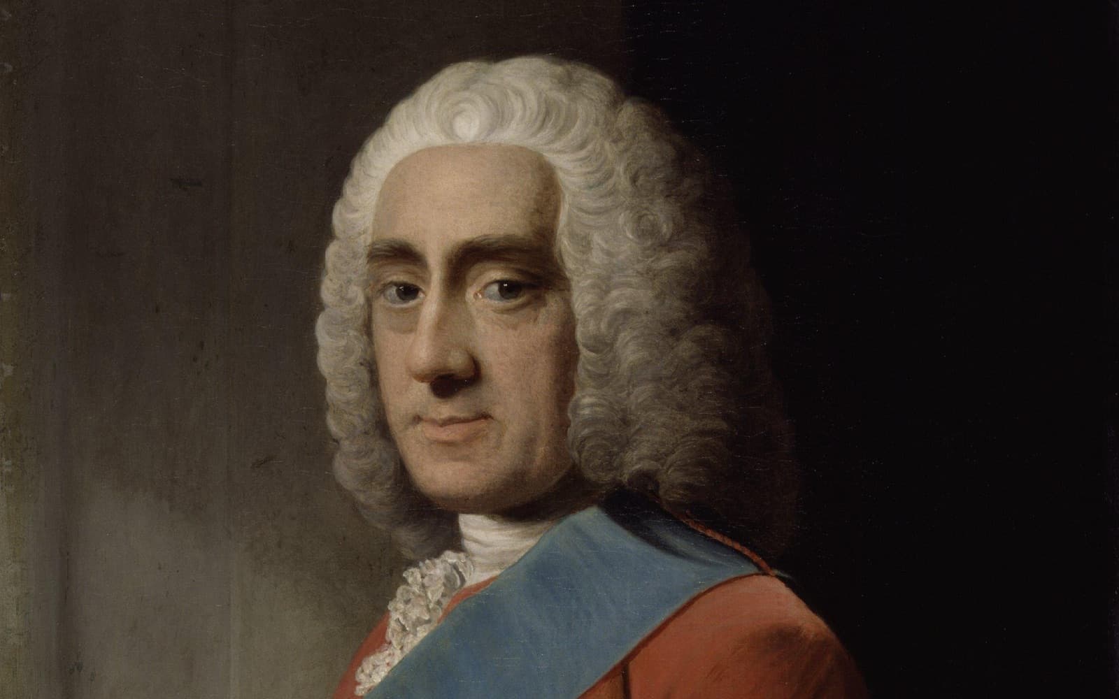 Portrait of an 18th-century nobleman in a white powdered wig, red coat and blue sash