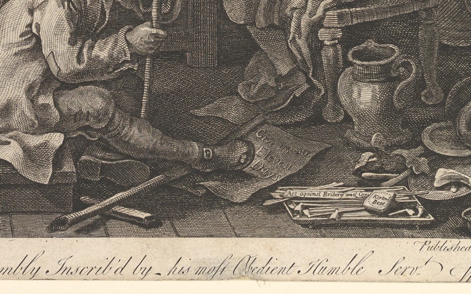 Detail of an engraving showing a paper banner on a floor reading Give us our Eleven Days, under a man's foot