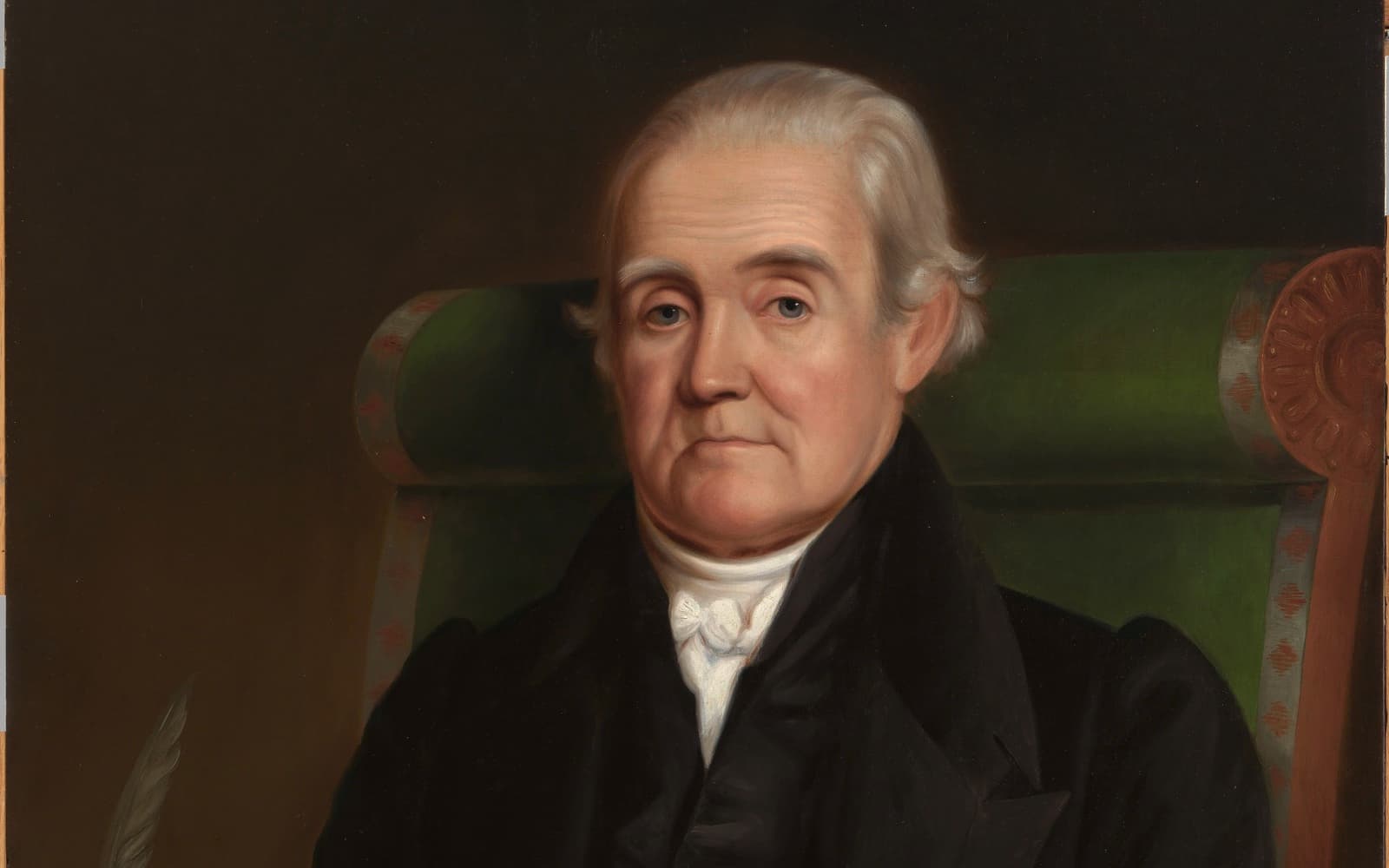 Oil portrait of Noah Webster, an elderly man with white hair in a dark coat, sitting in a green armchair