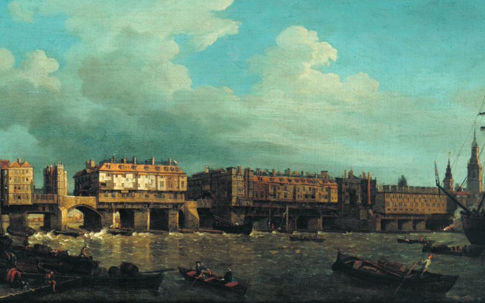 Painting of old London Bridge crowded with tall houses and shops, seen from the river with small boats in the foreground