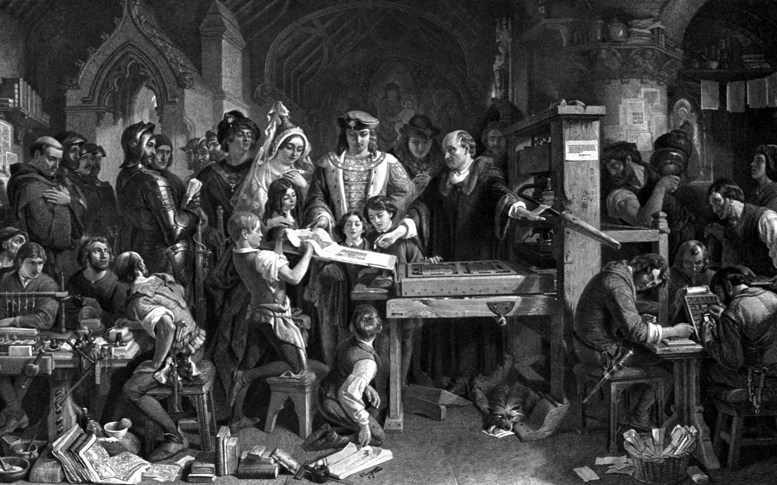 Black and white engraving of William Caxton at his wooden printing press, showing a printed sheet to King Edward IV and his family while workmen set type around them