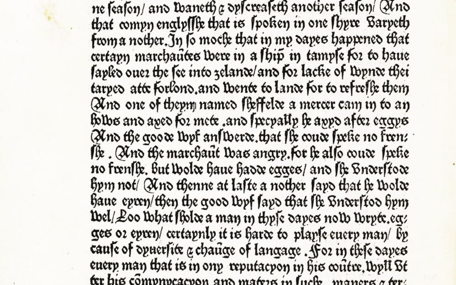 Page of black gothic printed type from Caxton's Eneydos, telling the story of the merchant asking for eggs