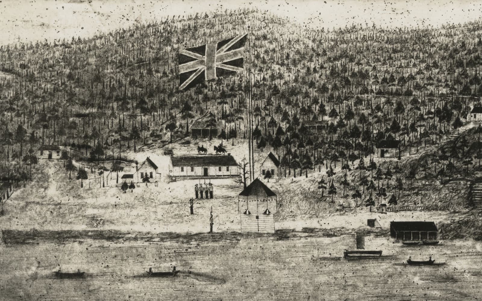 Old drawing of a small military camp on a wooded hillside by the water, with a large Union flag, a blockhouse on the shore and rowing boats in front