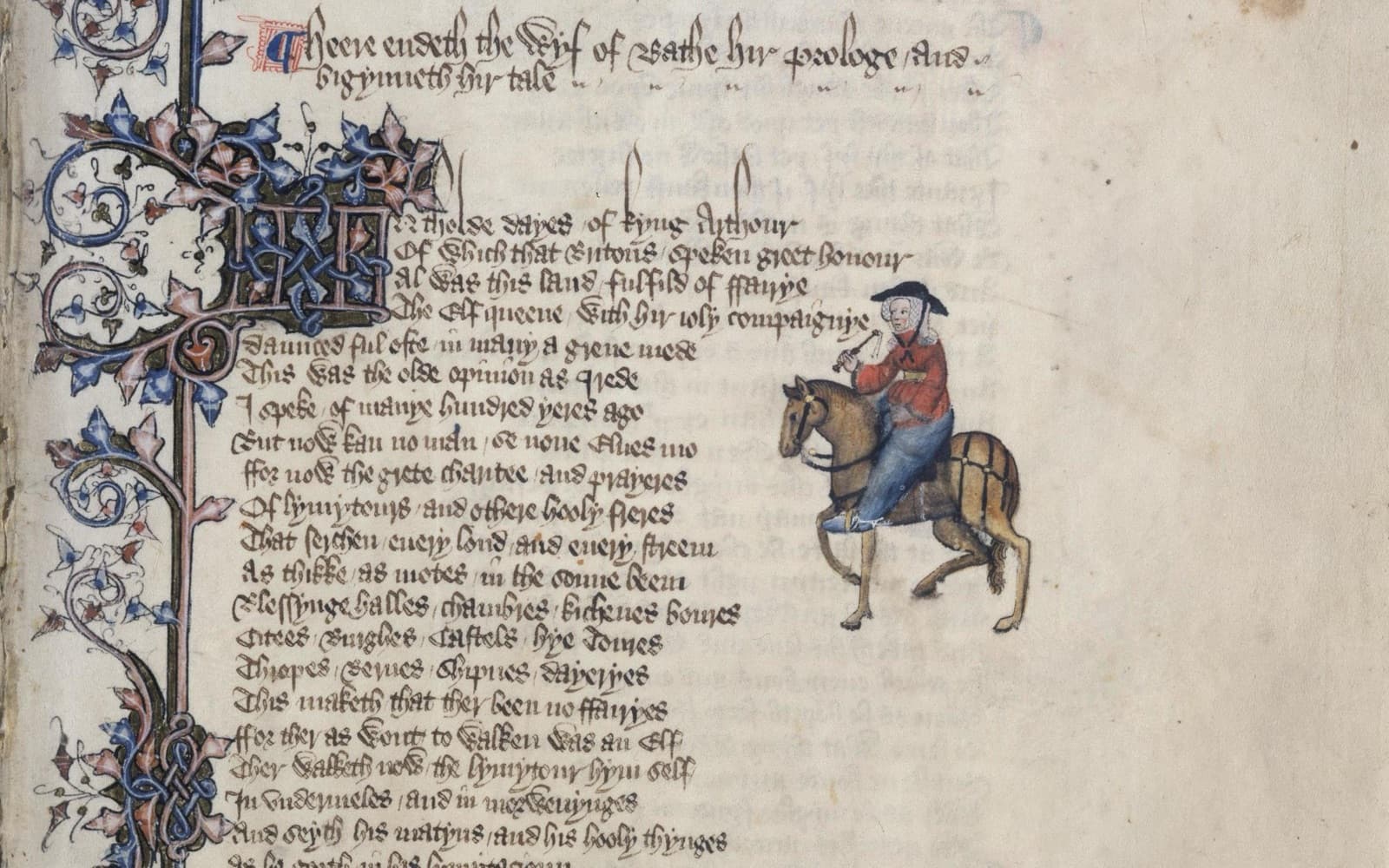 Page from a medieval manuscript with handwritten verse in brown ink, a decorated border of blue and pink leaves, and a small painting of a woman in a red jacket riding a horse