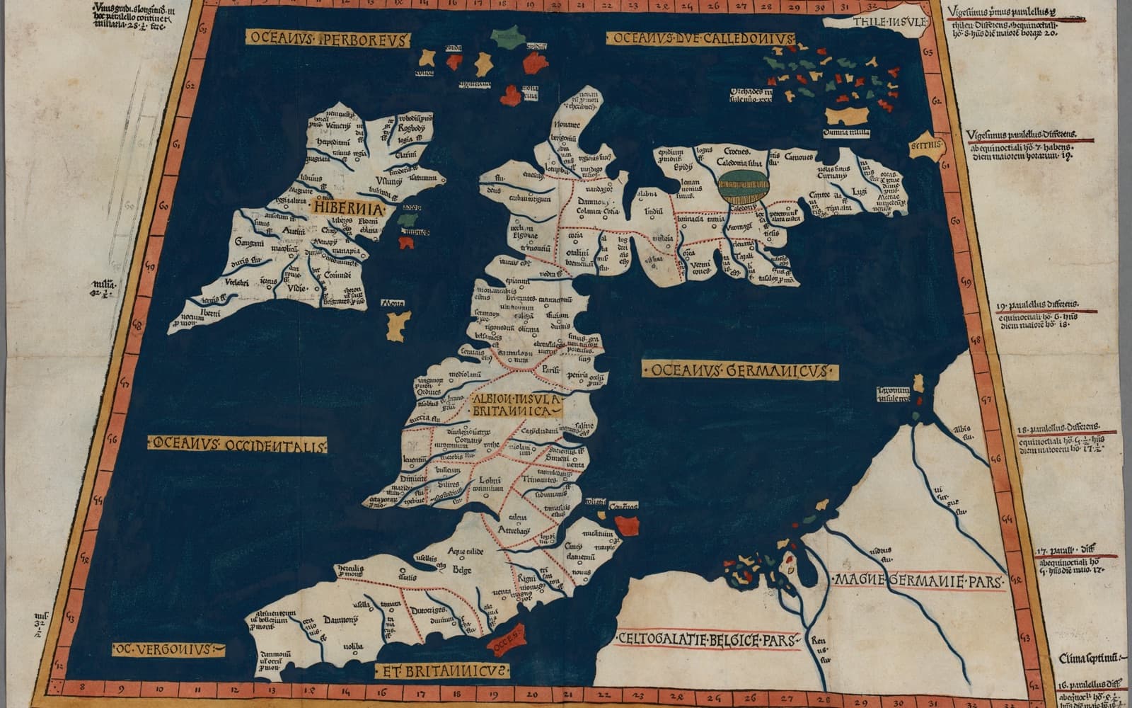 Hand-coloured early printed map of Britain and Ireland on a dark blue sea, with Britain labelled "Albion insula Britannica" and Scotland bent sharply to the east