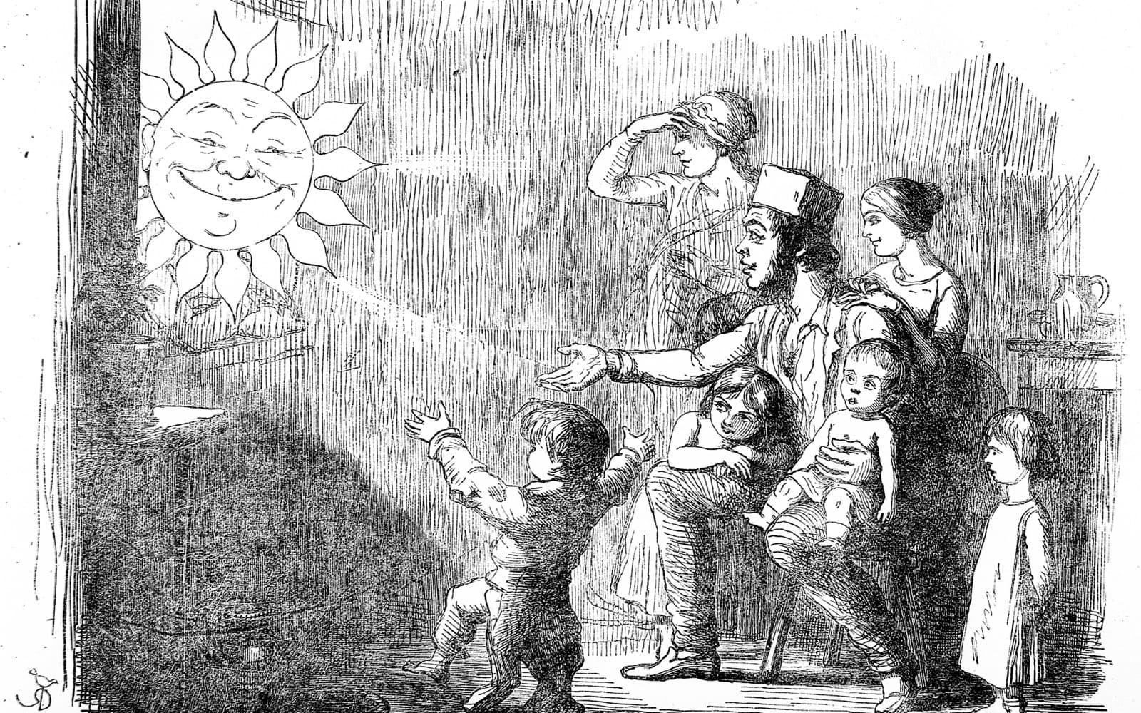 Victorian engraving of a poor family in a dark room, the father and a small child reaching out towards a smiling sun shining in through a window