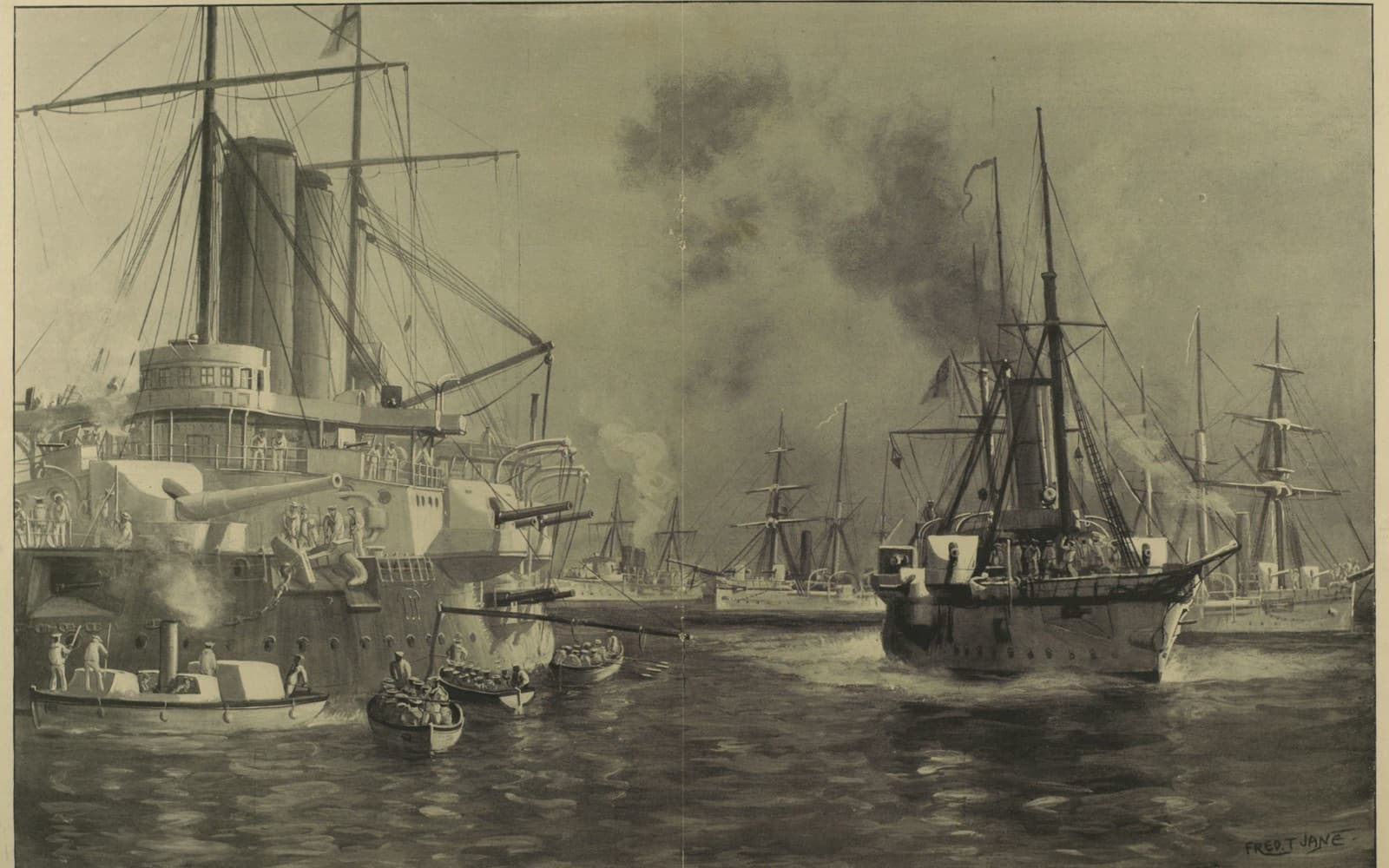 Engraving of British warships in a harbour firing at the shore, with smoke rising above them